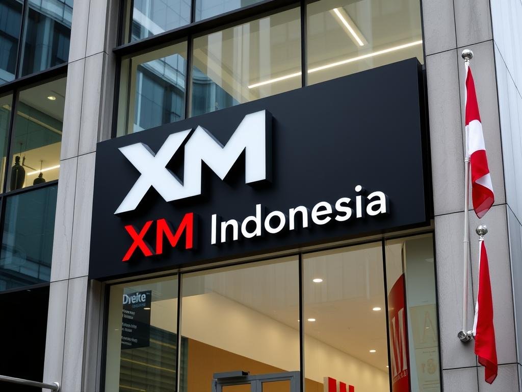 Logo XM Indonesia dengan latar belakang gedung perkantoran modern