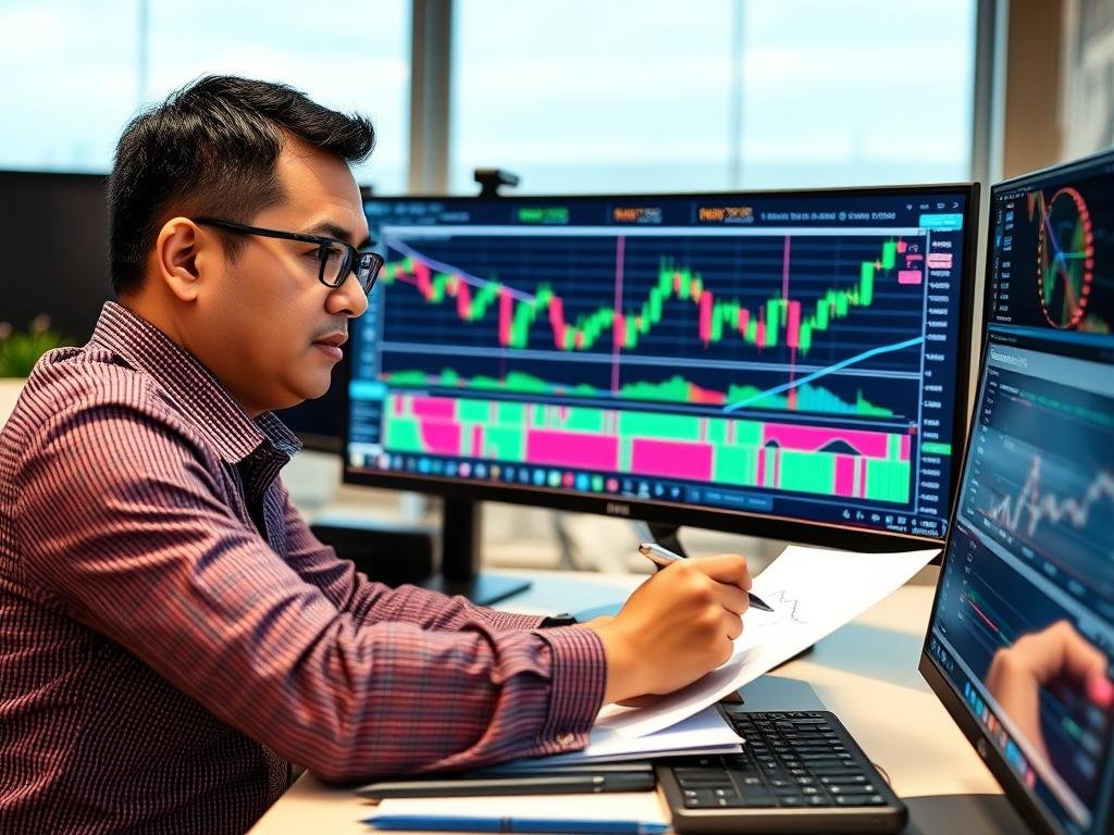 Trader Indonesia menganalisis chart dengan strategi trading di platform XM