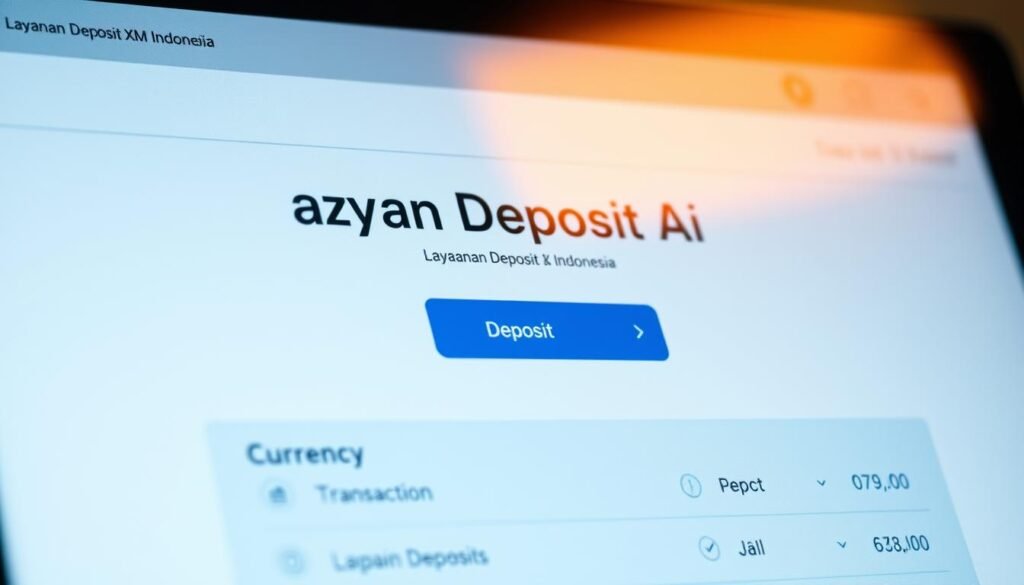 A closeup view of a modern digital banking interface, showcasing the "Layanan Deposit XM Indonesia" feature. The screen displays a clean, intuitive layout with a prominent deposit button, currency options, and transaction details. Warm lighting illuminates the sleek, minimalist design, creating a sense of trust and professionalism. The interface is presented against a subtle background, allowing the key elements to stand out and capture the user's attention. The overall atmosphere conveys the ease and reliability of the deposit service, reflecting the subject matter of the article section.