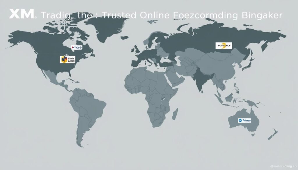 A dynamic, data-driven overview of the global forex broker landscape. A high-resolution illustration depicting a stylized world map, with various forex broker logos and key financial indicators overlaid across different regions. The map is rendered with a sleek, minimalist aesthetic, with a muted color palette and subtle gradients. The overall composition conveys a sense of scale, interconnectedness, and the global nature of the forex trading industry. Crisp, clean typography highlights the key data points, creating a visually striking and informative image to complement the "XM Trading: Trusted Online Forex Trading Broker" article.