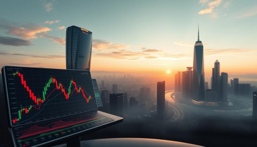 A serene, wide-angle view of a dynamic forex trading landscape. In the foreground, a stylized chart display with candlestick patterns, flashing indicators, and a sleek, futuristic interface. Behind it, a vast, three-dimensional world map with undulating contours and pulsing data streams. Towering skyscrapers of gleaming steel and glass rise in the distance, illuminated by the soft, warm glow of sunset. A sense of motion and interconnectedness pervades the scene, hinting at the complexity and opportunity of the global forex market. Cinematic lighting casts dramatic shadows, creating a sense of depth and drama. The overall mood is one of technological sophistication, financial potential, and the thrill of navigating the world of international currency exchange.